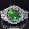 Missfox Platinum Green Dial Watch Men Men's Diamond Fashion Man Watch Roman Hiphop Quartz Relgio Maschulino