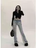 Raw Edge Wide-Ben Splice Light Blue Jeans Women's Spring Summer Slim Straight American Retro Hot Girl Design Denim Pants Female T220728