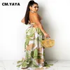CM.YAYA Women Long Dress Print Mouwess Bandage Halter Hollow Out Splited A-Line Maxi Dresses Fashion Vestidos Summer Outfits 220516