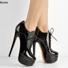 Rontic Handwork Women Spring Pumps Platform Patent Sexy Stileetto Heels Lace Up Round Toe Classics Black Party Shoes USサイズ5-20