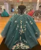 2022 HUNTER GREEN 3D Robes de quinceanera florale 2022 Off Boder-Up Corset Corset Back Puffy Jupe Sweety 15 Vestidos de Quinceanera