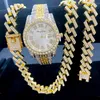 Wristwatches 3PCS Iced Out Watches For Men Diamond Gold Watch 15mm Cuban Link Chain Bracelet Necklace Jewelry Set Religio Masculino