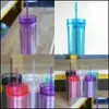 Tumblers Drinkware Kitchen Dining Bar Home Garden Color Plastic Transparent Cup 16oz 커피 워터 머그잔 St Double Deck Drinks Recycla