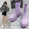 2022 Mulheres Botas de tornozelo roxo de malha grossa Solas grossas Casual Large Spring New Women's Socks Boots Ladies Botas de Mujer Shoes Y220729