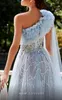 Light Blue One Shoulder Prom Dress Ruffles Tulle Beaded Appliqued Formal Evening Gowns Sweep Train Party Dresses