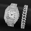 2PCs/Set Watch Bracelet Combo Iced Out Link Cuban Link Miami Chain Bracelet Micro pavimentado cistos de jóias de luxo para homens