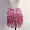 Sparkle Sequined Tassel Chairts Lace Up Shiny Hologram Chiffon Sexy Women Slim Mini Skirt Belly Dance Rave Festival 8 Colors T220819