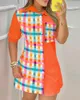 캐주얼 드레스 2022 스타일의 여성 짧은 소매 긴 셔츠 변색 컬러 패치 워크 인쇄 패턴 턴 다운 칼라 미니 드레스