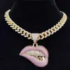 Hänghalsband Hip Hop Bite Lip Shape -halsband med 13 mm Crystal Cuban Chain Iced Out Bling Hiphop Fashion Jewelry for Men wope223i