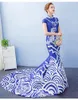 Luxe feestjurk vrouwen blauw en witte porselein kleur Chinese traditionele kleding lange cheongsam vestido elegante qipao