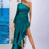 LOVE&LEMONADE Sexy Green Off-The-Shoulder Cutout Ruffled Reflective Satin Party Maxi Dress LM82202-1 GREEN 220507