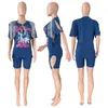 Summer Women Tracksuits Two Piece Set Hollow Out Tassel Graphic T-Shirt Kort ärm Biker Shorts Outfits Female Matching Set