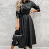 Women Office Lady PU A line Solid Turn Down Collar Single Breasted Sashes Black Autumn Casual Party Chic Long Dress 220402