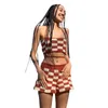 Women's Tracksuits Backless Halter Crop Top And Shorts Sets For Women Plaid Printed Bodycon Bodysuit Sexy Casual Suits Checkered Lace Up Sum