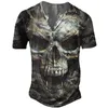 Men's T-Shirts Men's Imitation Cotton V Neck With Buttons Summer Streetwear Skull Print Skeleton Loose Short Sleeve Oversized T ShirtsMe