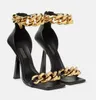 Mode högkvalitativ design Medusi Sandaler Skor Dam Golden Chain Party Bröllopsklänning Ankel Strappy Höga klackar Flower Strass Lady Pumps U35-43 Skokartong