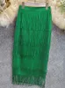 Green Fringe Bodycon Ołówki Tassel wysoka talia Kobiety rozciąganie pochwy midi długość panie Slim Jupe Saias Faldas duży rozmiar 220512