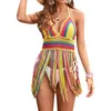 Women's Swimwear Foohoostore Beach Bikini Cover-up Crocheted Knit Halter Tassel Vacation Dress Sleeveless Backless Patchwork BeachwearWomen'