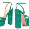 여름 녹색 크리스탈 다이아몬드 샌들, 두꺼운 발 뒤꿈치 방수 플랫폼 발가락 하이힐 신발, 크기 : 34-41, 부르고뉴