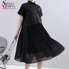 New Fashion Woman Summer Korean Style Black Pleated Shirt Dress Chiffon Patchwork Lapel Ladies Cute Casual Midi Dress Robe 6168 210401