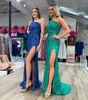 Sequins Lady Pageant Dresses 2022 Sheath One-Shoulder Prom Gown Elegant Women Formal Evening Dress Robe De Soiree with Train High Slit Lace-Up Back Blue Green Pink Red