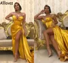 Sexy Chérie Jaune Sirène Robes De Bal Pour Les Filles Africaines Ruché Satin Peplum Robes De Soirée Formelles Haute Split Arabe Aso Ebi Occasion Spéciale Robes CL0855