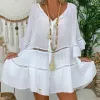 Plussister Hollow Out Casual Cotton Plus Size Dames Sundress Loose Vintage V Neck Butterfly Sleeve Shirt Robe Dress 2021