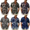 Men's Casual Shirts Leaves Pattern Linen Short Sleeve Shirt Men Summer Floral Loose Baggy Hawaii Holiday Beach Tee Tops Buttons BlouseMen's