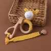 1Set Crochet Bunny Baby Teether Rattle Safe Beech Wooden Teether Ring Pacifier Clip Chain Set born Mobile Gym Educational Toy 220507