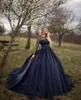 2022 Princess Navy Blue Prom Dresses Long Sleeves Pearls Empire Weist Boat Neckline Quinceanera Dress