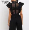 Kobiety Koronkowe Zbiorniki Topy Openwork V-Neck Backless Bez Rękawów Krótki Lato Czarny Bankiet Eleganckie Kobiece Party Caim 220318