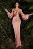 2022 Bohemian Beach Long Bridesmaid Dresses with Long Sleeve Sexy High Slit Silk Stain Maid of Honor Wedding Guest Reception Gown