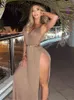 Sampic V Neck Ärmlös Bomull Kvinnor Långtröja Klänning Stickad Bandage 2022 Sommar Beach Party Sexig Club Bodycon Brown Dress Y220413