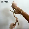 Eilyken Purple Gladiator Sandals Women Summer Sexy Pointed Toe Feather Zipper Thin High Heels Ladies Chain Party Shoes 220516