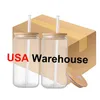 US Warehouse 16oz 12oz Cup Clear Frosted Sublimation Blanks Beer Glass Tumbler Soda kan formade Iced Coffee Mugg Cups med bambu lockar