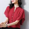 Women's Blouses & Shirts Women Button Up Chiffon Blouse Summer Red Bue Short Sleeve Oversized Woman Tops Fashion Tight Waist Blusas Mujer