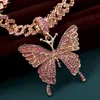 Chains Hip Hop Pink Big Butterfly Pendant Chunky Cuban Choker Necklaces For Women Multicolor Rhinestones Metal Link Chain Punk JewelryChains