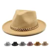 Men chapéu de cowboy ocidental com cadeia de metal outono inverno mulheres larga cavalheiro jazz tap cowgirl clássico feltro fedora chapéu