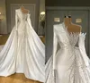 Sparkly Long Sleeves Mermaid Wedding Dresses with Overskirt Bridal Gown One Shoulder Custom Made Beaded Luxury Pearls Crystals Pleats Vestido de novia 2022