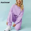 AACHOAE SOLID CASUAL TRACKSUIT 여성 스포츠 2 조각 세트 스웨트 셔츠 풀오버 후드 홈 스웨트 팬츠 반바지 복장 210929