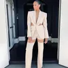 Runway Banquet Wedding Cocktail Party Blazer Suits Mesh Hollow Out Backless calça reta Party Women Women de alta qualidade