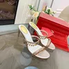 Rene Caovilla 2022 Yüksek Kaliteli Sandalet Tasarımcıları% 100 Deri Yeni Kadınlar Sandal Yaz Kristal Kolye Gelinlik Ayakkabıları Topuklu Seksi Slaytlar Gerçek Sole Terlik
