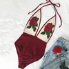 Women Red Swimwear Sexy Summer Floral Embroidery Swim Wear Halter Women Swimsuit Push Up Bikini High Waist One Piece Monokini