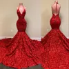 2022 Sexy Backless Red Prom Dresses Halter Deep V Neck Sequined Lace Appliques Sequins Mermaid Evening Dress Rose Ruffles Special Occasion Party Gowns