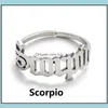Pierścienie zespołowe biżuteria regulowana 12 konstelacji pierścionek literowy dla kobiety otwierającej ślub ślub ze stali nierdzewnej Sier Gold Zodiac Finger Palec Drop