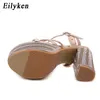 Eilyken تصميم كريستال منصة سميكة كعب المرأة المصارع الصنادل مثير زقزقة تو الكاحل مشبك حزام حزب الأحذية 220422