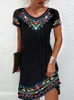 Casual Dresses Short Sleeve A-Line Party Dress Summer Women Sexy V-Neck Loose Straight Vintage Ethnic Pattern Print Mini