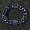 Link Chain Hip Hop Micro Paled Blue CZ Stone Bling Iced Out Solid Black Cuban Bangle Armband för män Rapper JewelryLink