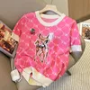 New design women's o-neck short sleeve letter jacquard deer embroidery cherry paillette knitted shirt tees plus size SMLXL