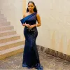 2022 Sparkle Navy Blue Mermaid Evening Dresses One Shoulder Sweep Train Sequined Women Formal Prom Party Gowns Special Occasion Gown Vestidos de Fiesta B0519236
